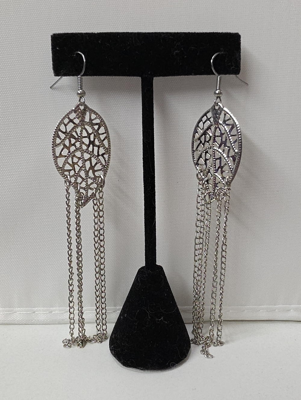 Silver Leaf Filigree Dangle Earrings with Chain Fringe